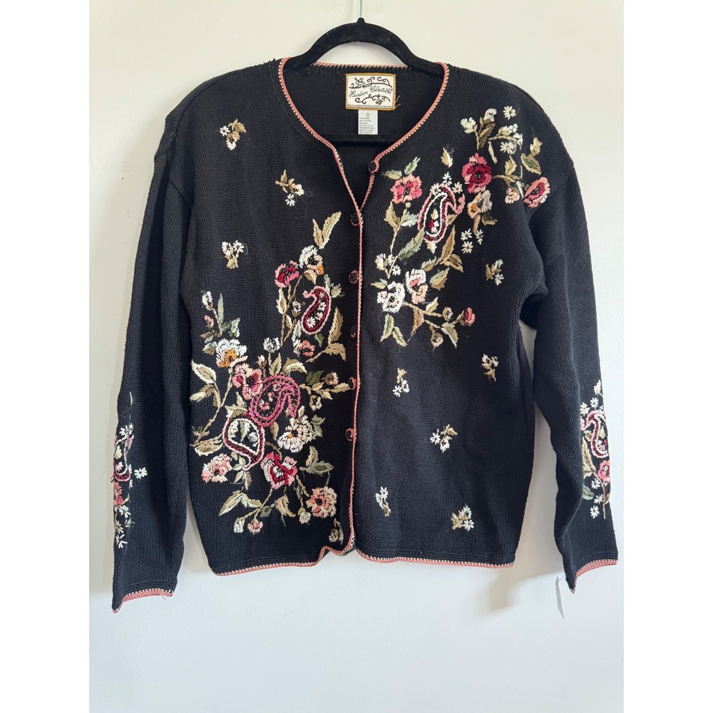 Heirloom Collectibles Vintage  Embroidered Cardigan Black Cottagecore Grandma S